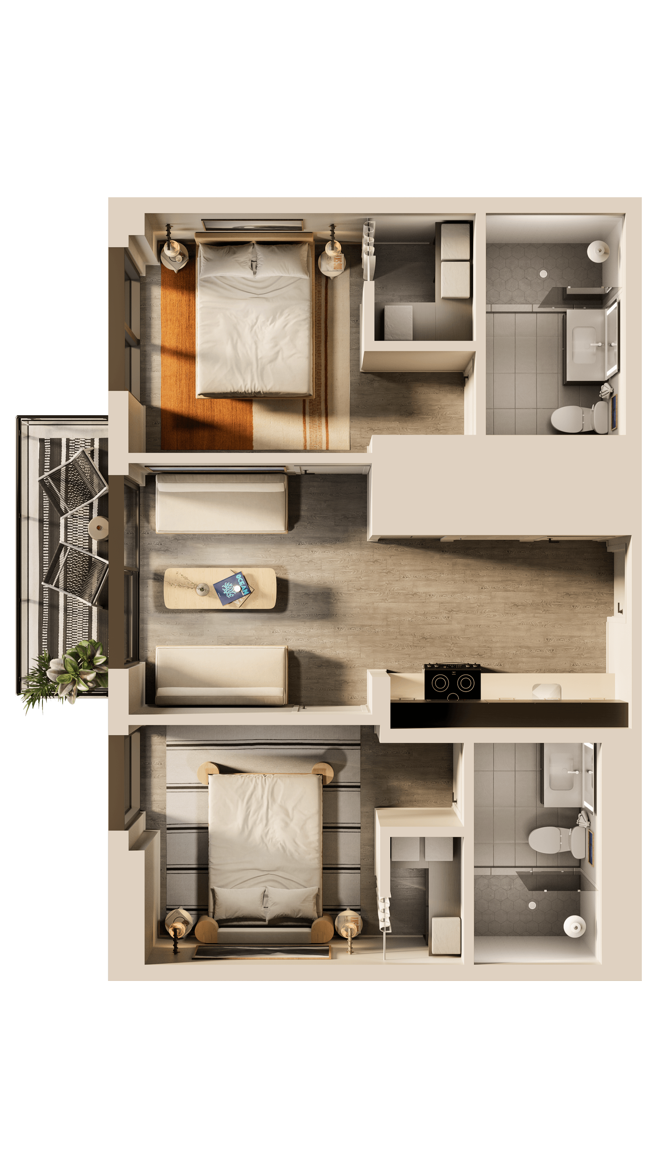 Floor plan for 2 beds, 2 baths, 712 sqft